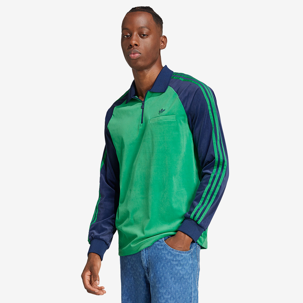 adidas Originals Velour Long Sleeve Polo Shirt - Green/Night