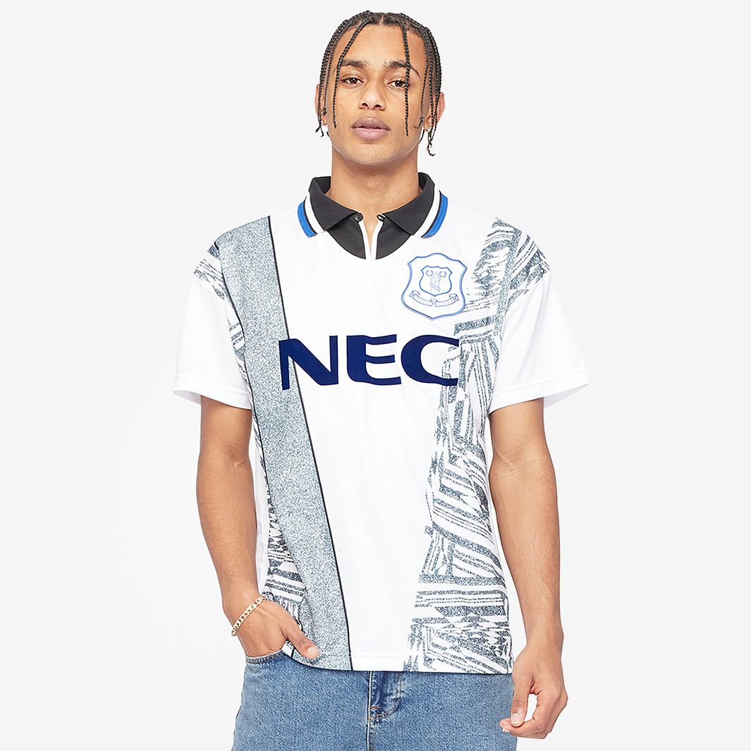 Score Draw Everton 1995 Away Shirt - White/Grey/Blue - Mens Replica