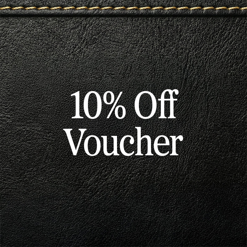 Black leather texture with '10% Off Voucher' text