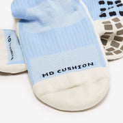 Light blue and white socks with 'No Cushion' label on a white background