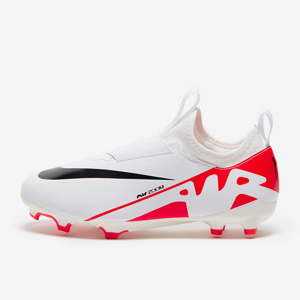 White football boot with red and black accents on a white background