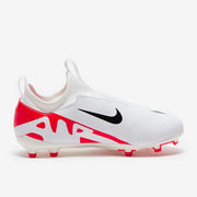 White football boot with red accents and a black Nike logo on a white background
