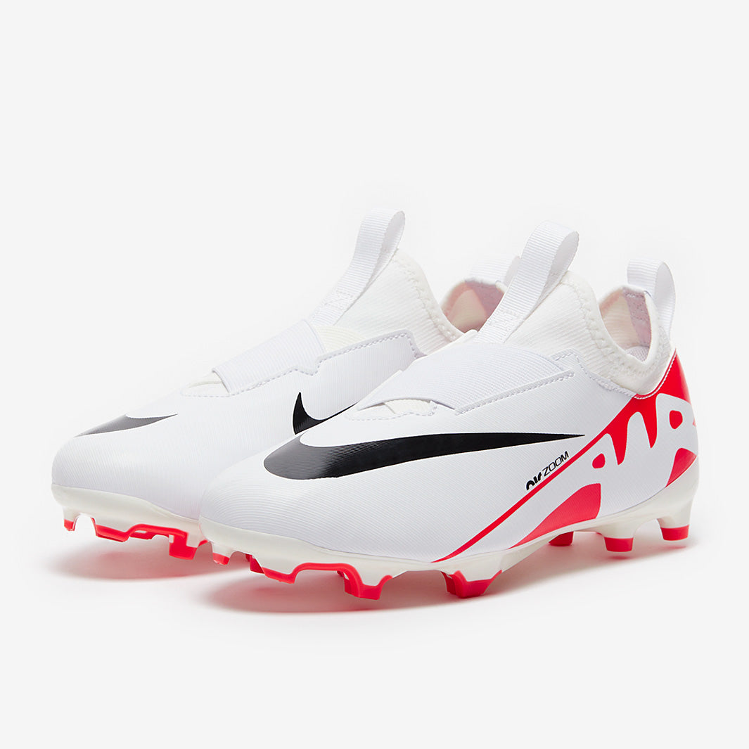 White football boots with red accents and Nike logo on a white background
