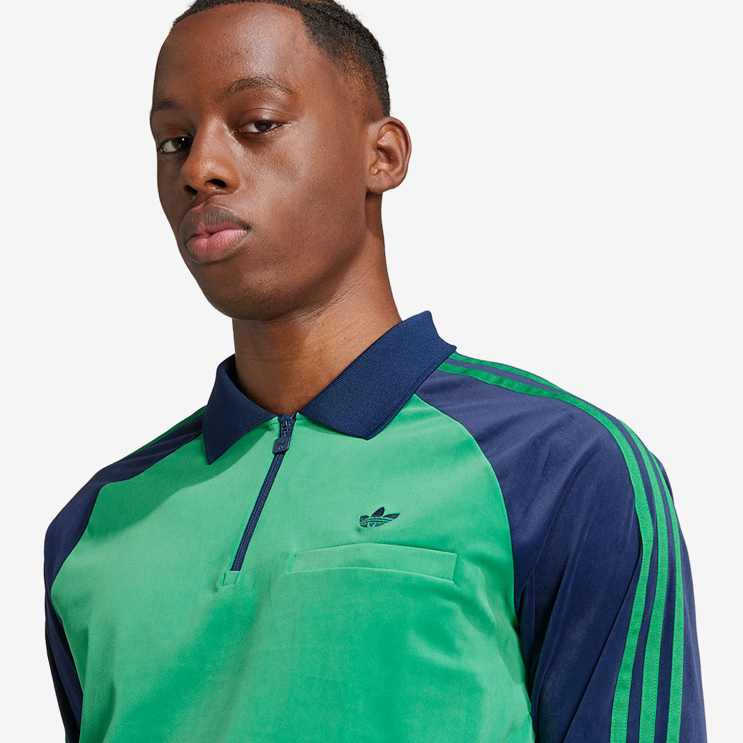 adidas Originals Velour Long Sleeve Polo Shirt - Green/Night