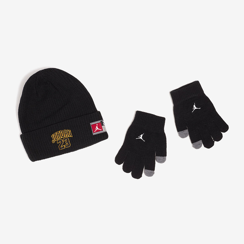 jordan mütze und handschuhe Jordan Boys Jumpman Metal Patch Beanie & Glove Set - Black/Gold