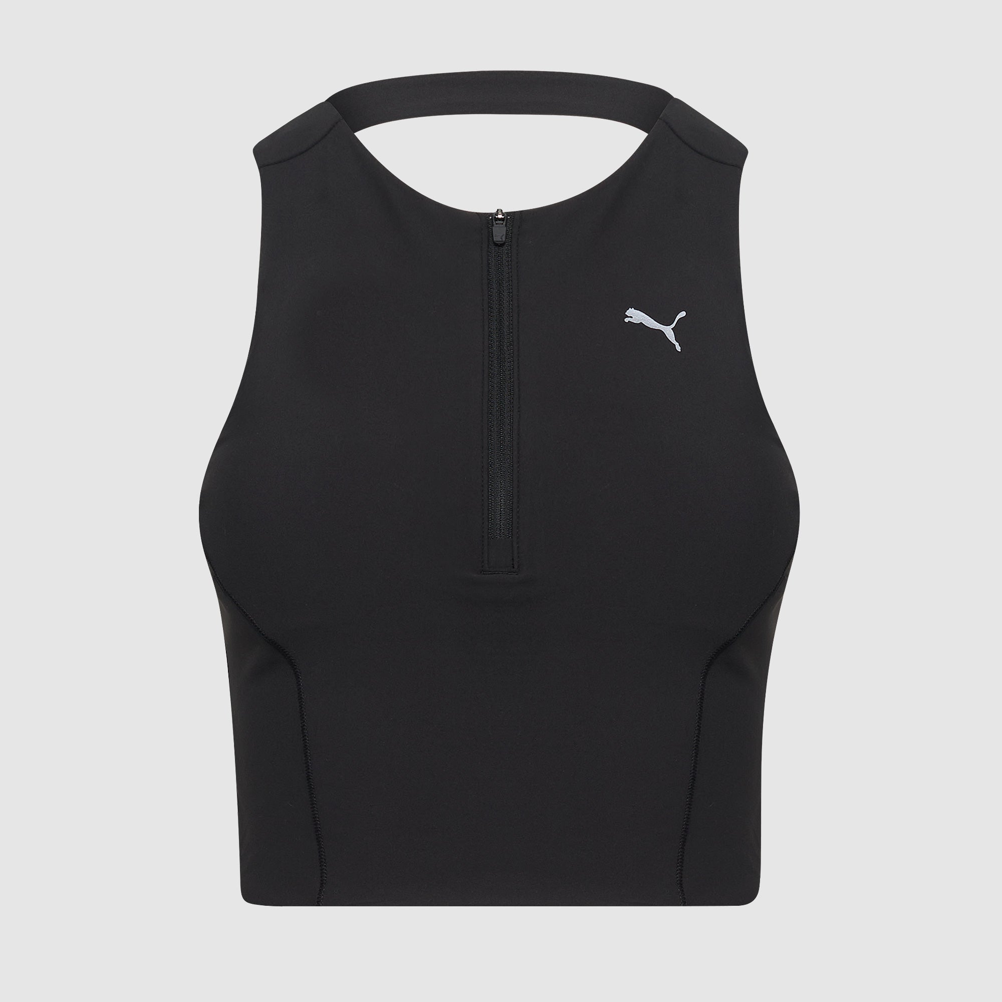 Black sleeveless athletic top with a zipper on a light gray background