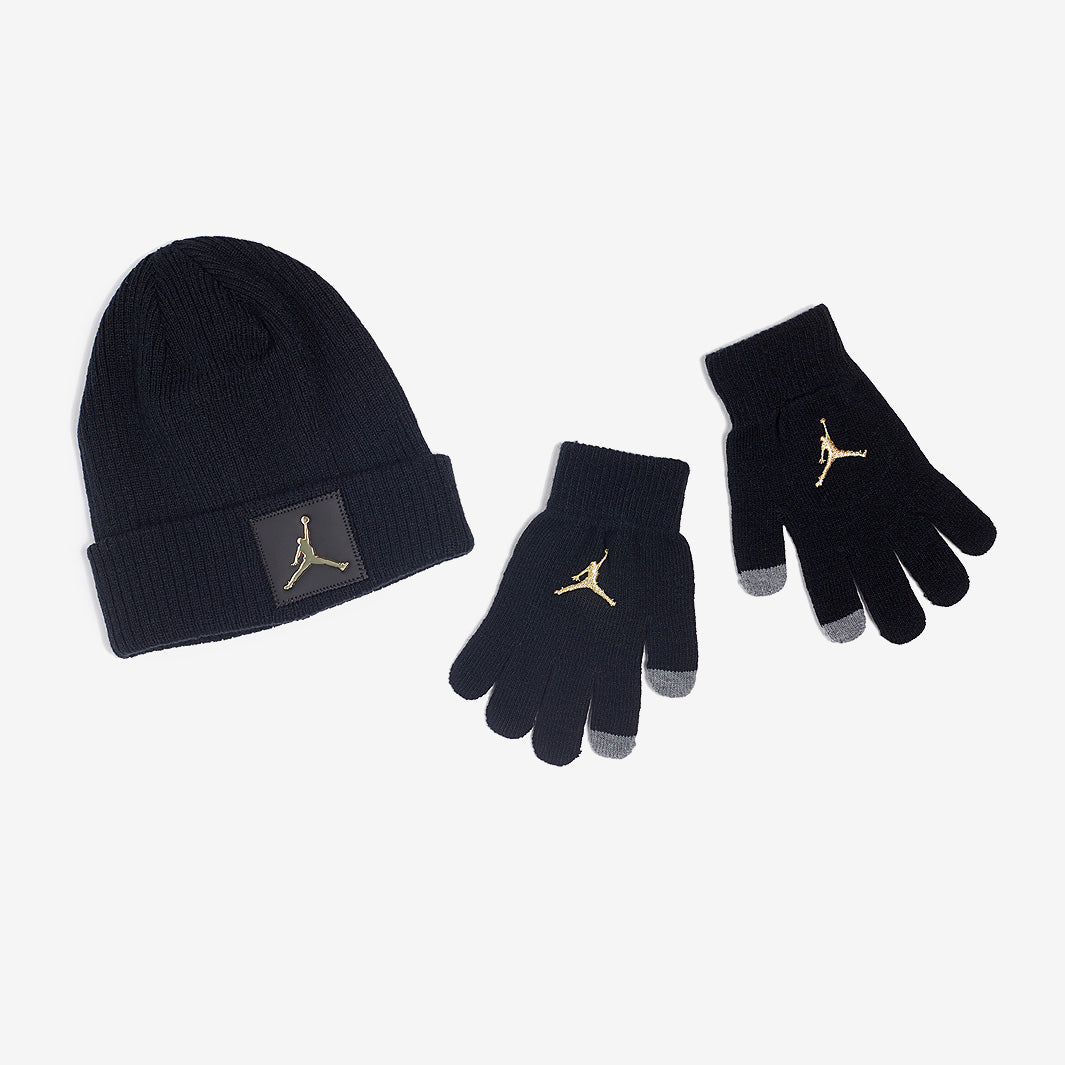jordan mütze und handschuhe Jordan Boys Jumpman Metal Patch Beanie & Glove Set - Black/Gold