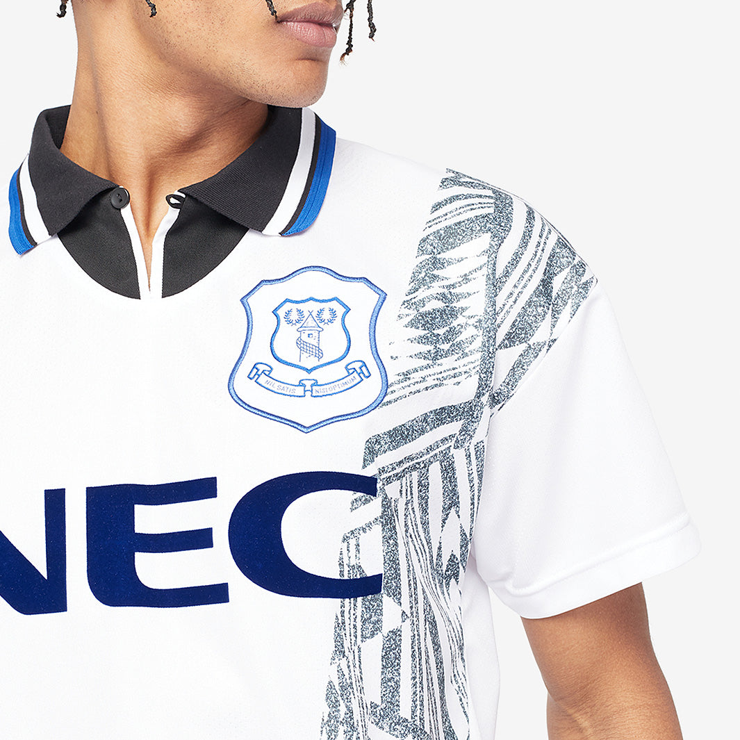 Score Draw Everton 1995 Away Shirt - White/Grey/Blue - Mens Replica
