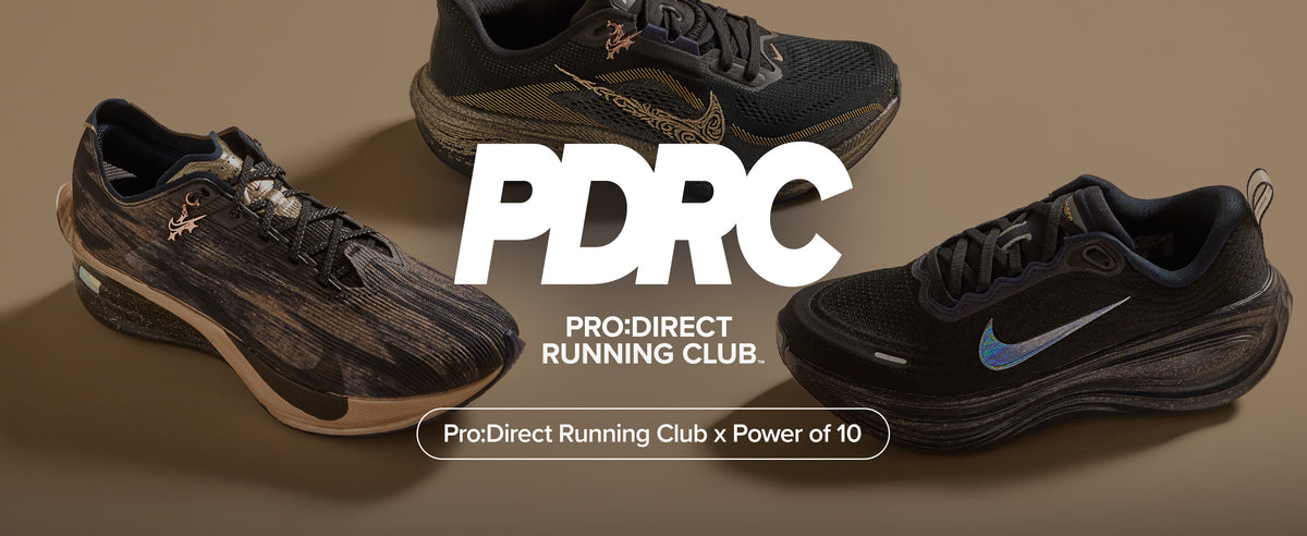 Three athletic running shoes arranged around large white text reading 'PDRC' with 'PRO:DIRECT RUNNING CLUB.' beneath it.