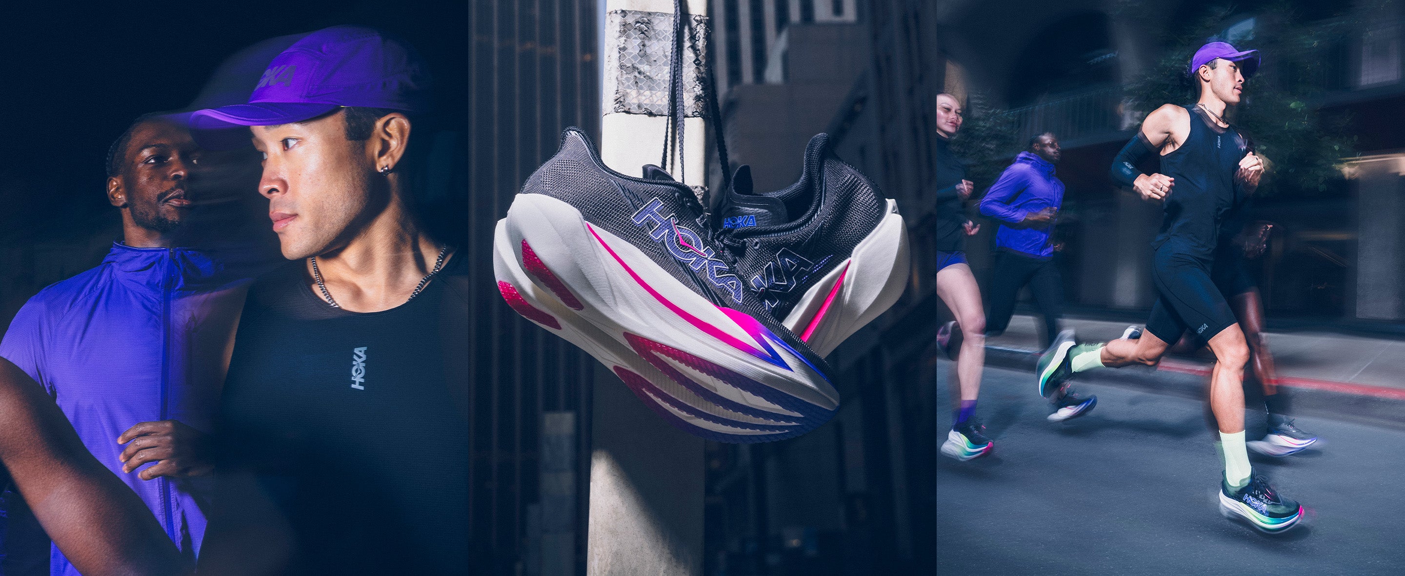 A collage showing a running shoe suspended in the center, with runners wearing matching athletic apparel on both sides. The shoe has a dark gray and black upper with bright pink, white, and blue accents.
