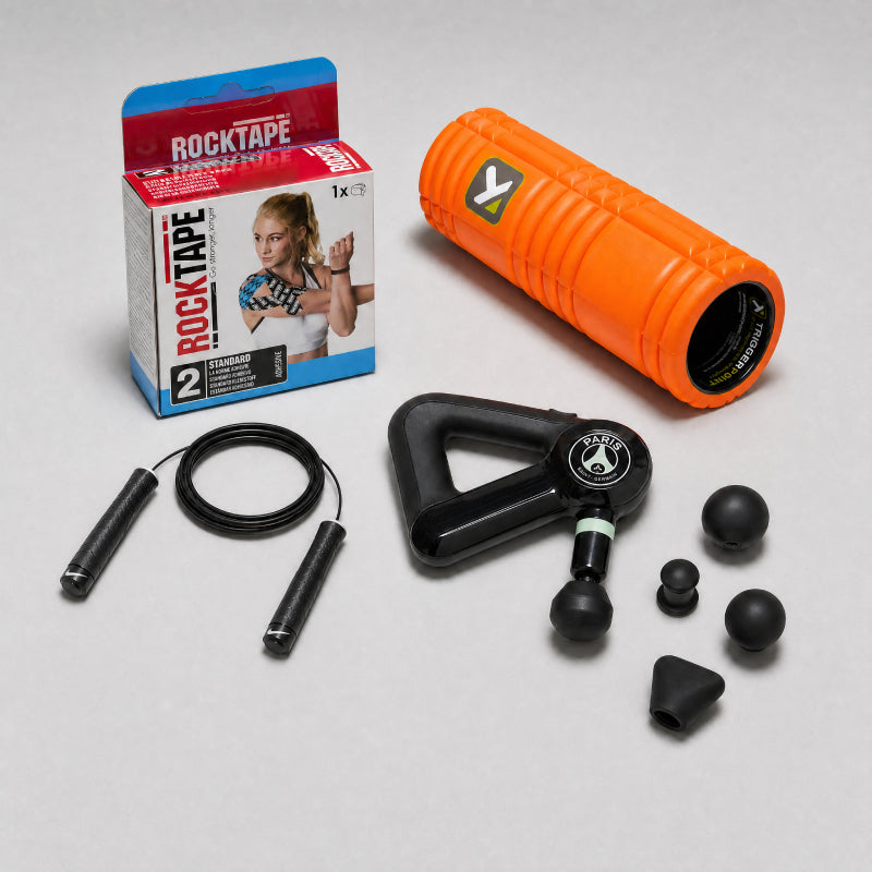 Fitness tools including a foam roller, RockTape, jump rope, and Kettlebell on a light gray background