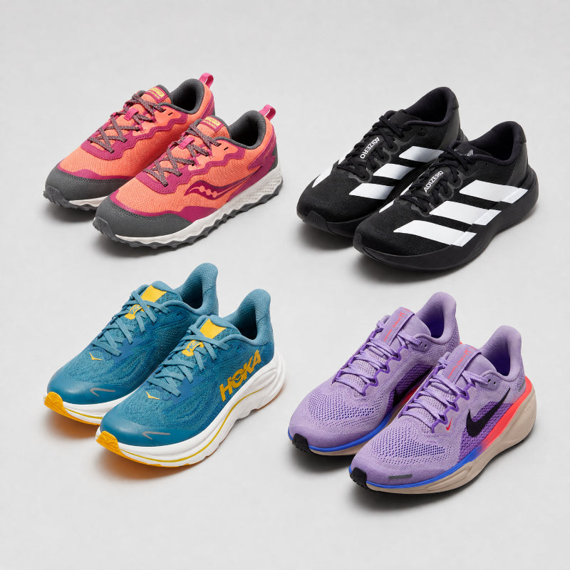 Four pairs of running shoes from different brands on a light gray background