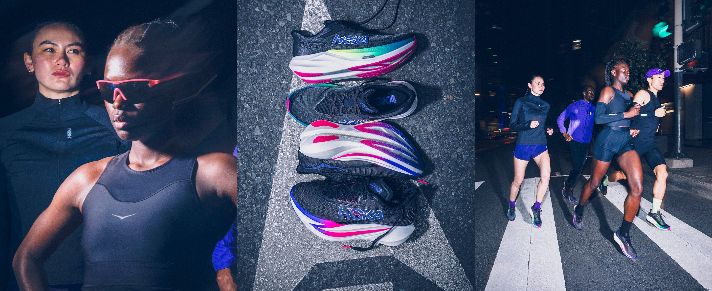 A three-panel collage showcasing athletic footwear and apparel. The left panel shows two female runners wearing dark athletic wear and reflective sunglasses in a dark outdoor setting.